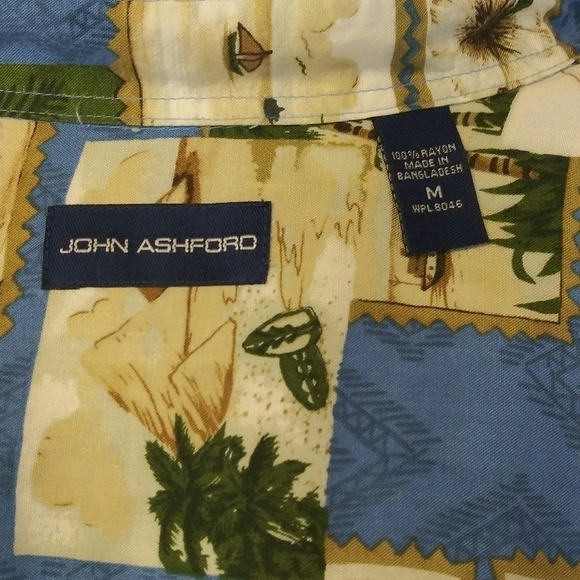 𝅺John Ashford Blue Sailboat Palm Leaf Print Short Sleeve Button Down Shirt - Picture 7 of 8